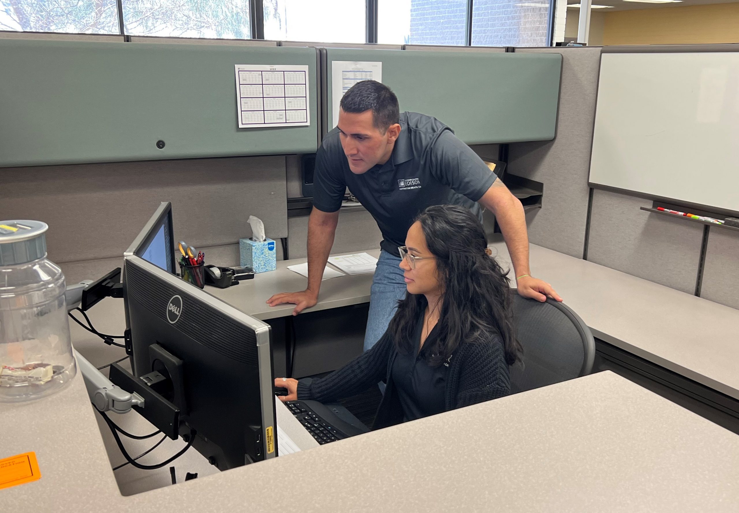 Two planners in an office looking at plans on the computer