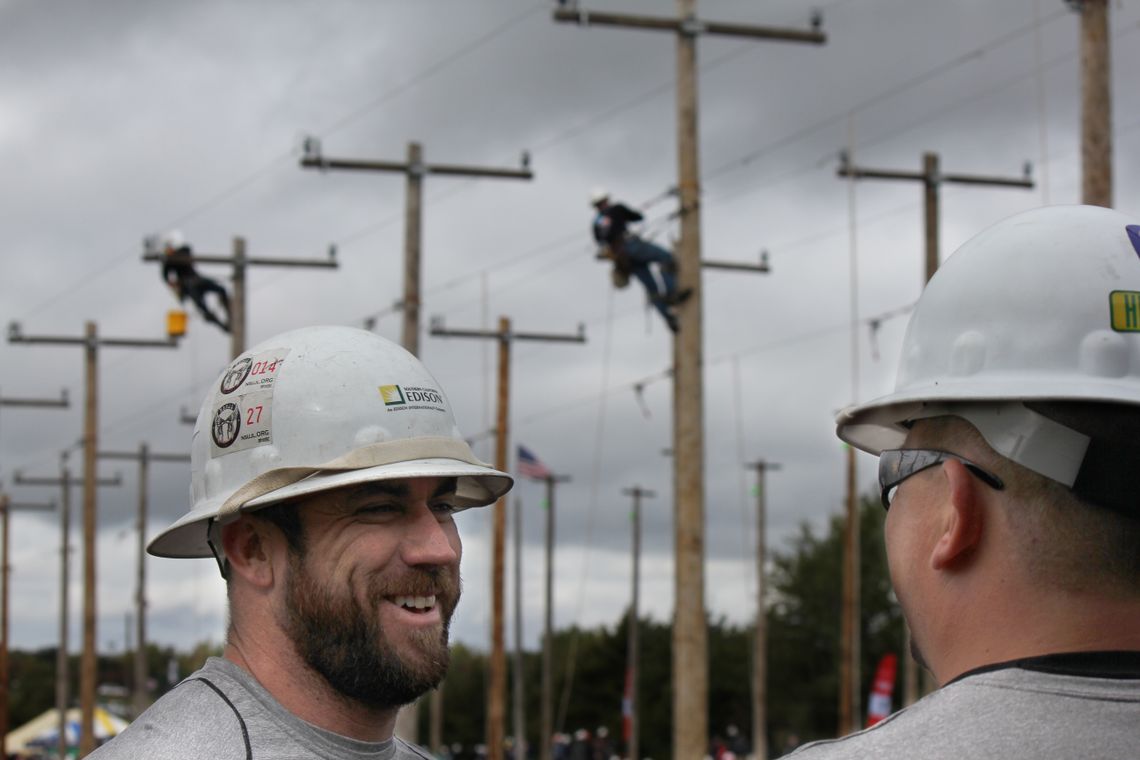 Two linemen having a discussion